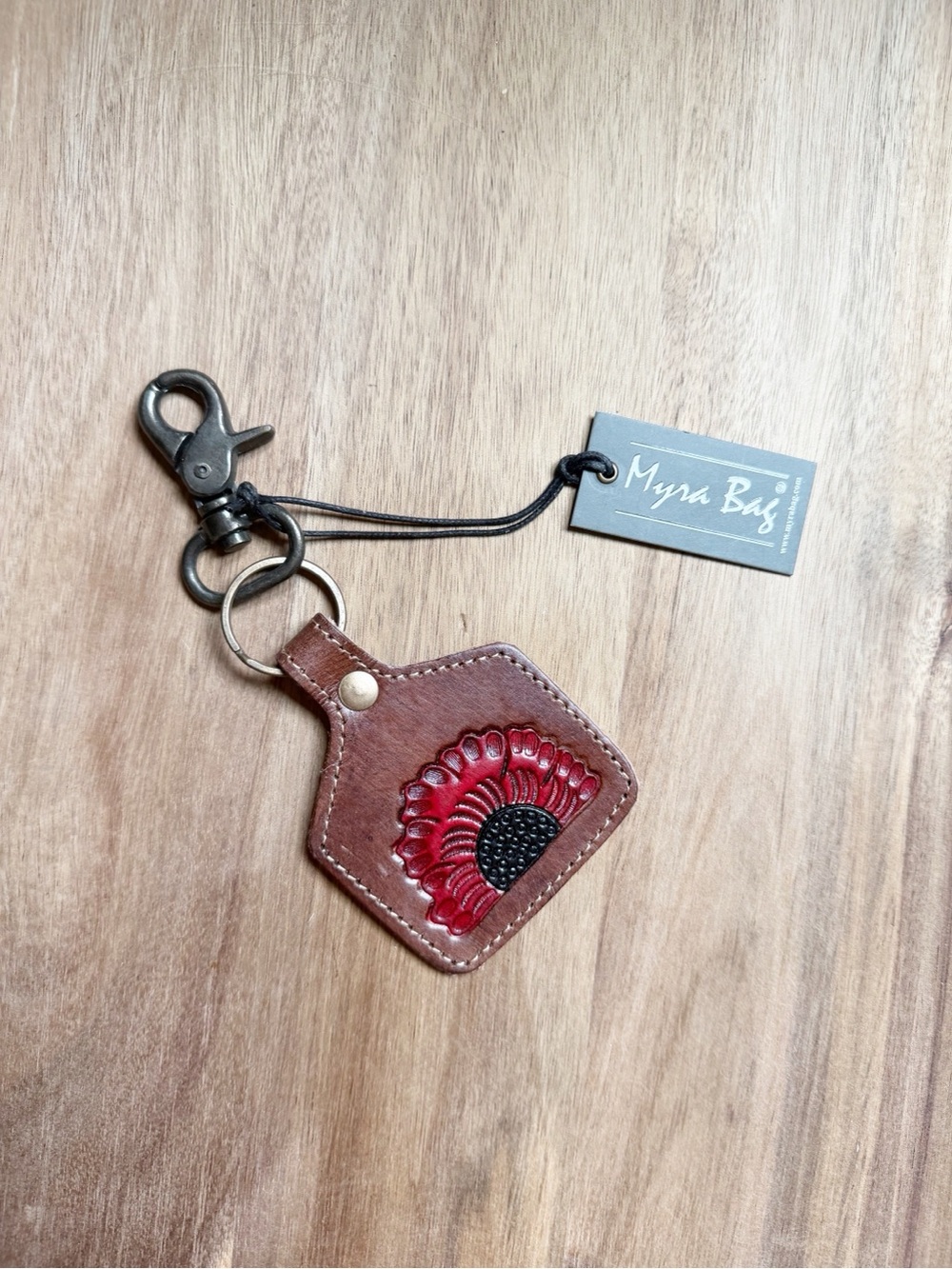 Myra Bag Brown Leather Keychain with Red Flower Accent - Picture 2 of 4